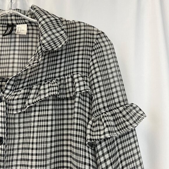H&M Womens Long Sleeve Button Down Sheer Blouse Black/Gray Plaid Sz 4 Ruffles - Picture 3 of 9